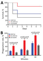 Linear alignment of plasmid pVir-KP0714 and virulence potential determination of Klebsiella. pneumoniae isolate KP0714 in study of ceftazidime/avibactam resistance in carbapenemase-producing K. pneumoniae. A) Virulence potential determination of KP0714 and pVir-KP0714–curing mutant (PC-KP0714) in a mouse infection model. Sequence type 11 carbapenem-resistant hypervirulent K. pneumoniae strain CR-HvKP4 was used as a hypervirulence control. Bacterial suspensions in the logarithmic growth phase were diluted in sterile phosphate-buffered saline to 107 CFU/mL. Six female BALB/c mice were used as a sample population for each isolate. BALB/c mice were infected intraperitoneally with 0.1 mL of the diluted bacterial suspension. Clinical signs and mortality rates were noted for 7 days. *p<0.05 when compared with PC-KP0714. B) Human neutrophil assays of KP0714. Error bars indicate SDs. p values were computed by 1-way analysis of variance with Bonferroni correction. 