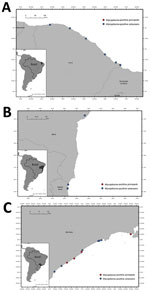 Stranding locations of Mycoplasma-positive cetaceans and pinnipeds sampled for a study of molecular detection and characterization of Mycoplasma spp. in marine mammals, Brazil. A) Ceará state, in the northeast region; B) Bahia and Espírito Santo states; C) São Paulo state, in the southeast region. Insets show location of each region in Brazil. Dots indicate single animals that tested Mycoplasma-positive.