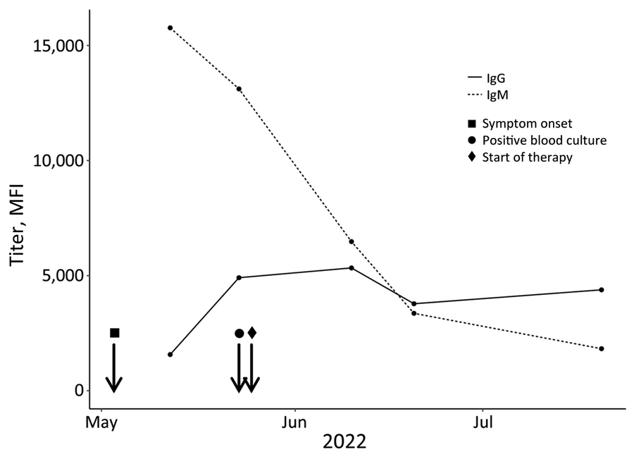 Antibody response to Streptobacillus moniliformis infection over time on 32-year-old female patient, Germany, 2022. The graph displays the dynamics of IgM (serum dilution 1:100) and IgG (serum dilution 1:250) levels in MFI values analyzed by Streptobacillus multiplex serologic tests (y-axis) and plotted against the time point of infection (x-axis). MFI, median fluorescence intensity.