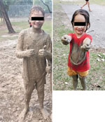 Images of participants immediately after a sporting event that resulted in an outbreak of limited cutaneous melioidosis, Australia. The sporting event was held in a tropical region of Queensland and involved crawling through a mud pit on an obstacle course. Children are extensively covered in mud immediately after participating in the event. Neither of the pictured children contracted melioidosis. However, Burkholderia pseudomallei was isolated in soil samples from the mud pit and genomically linked to B. pseudomallei isolated from cutaneous lesions on 7 children who participated in the event and had melioidosis diagnoses.