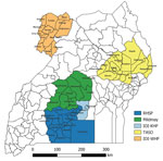 Regional implementation of COVID-19 vaccination project across 47 districts and 5 cities supported by the CDC–PEPFAR Program, Uganda, July 2021–September 2022. CDC, Centers for Diseases Control and Prevention; IDI-KHP; Infectious Diseases Institute–Kampala HIV Project; IDI-WHP, Infectious Diseases Institute–West Nile HIV Project; PEPFAR, US President’s Emergency Plan for AIDS Relief; RHSP, Rakai Health Sciences Program; TASO, The AIDS Support Organization.