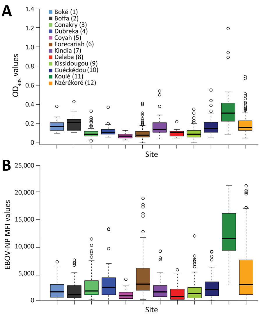 Comparison between results of indirect ELISA and multiplex microsphere immunoassay for EBOV-NP in study of geographic disparity in domestic pig population exposure to Ebola viruses, Guinea, 2017–2019. A) Boxplot of OD values at 405 nm (OD405) obtained by ELISA by site (n = 888 pig serum samples). B) Boxplot of MFI values obtained by multiplex microsphere immunoassay (n = 882 pig serum samples). Locations in key correspond to locations on map in Figure 3. EBOV, Zaire Ebola virus; MFI, mean fluorescence intensities; NP, nucleoprotein; OD, optical density.