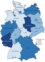 Weighted seroprevalence of Toxoplasma gondii infections in female children and adolescents by federal state, Germany, 2014–2017.