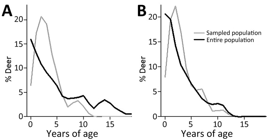 Deer age and sex structure in study of SARS-CoV-2 seropositivity in urban population of wild fallow deer, Dublin, Ireland, 2020–2022. A) Female deer; B) male deer. 