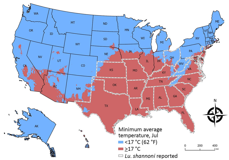 Minimum average July temperatures used to develop an operational risk assessment tool for evaluating Leishmania infantum introduction and establishment in the United States through dog importation. Map shows areas in the United States where Lutzomyia shannoni sand flies have been reported (white dotted lines); Lu. shannoni sand flies could serve as L. infantum vectors. Map created with ArcGIS Pro 3.0.2 (Esri, https://www.esri.com) by using NAD 1983 Contiguous USA Albers Projection. Climate data from Worldclim Version 2 (https://worldclim.org) includes average July minimum temperatures during 1970–2000 at 1 km2 spatial resolution (Appendix reference 99).