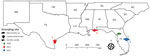 Geographic location and year found for 5 stranded piscichuvirus-infected aquatic turtles with meningoencephalomyelitis, United States, 2009–2021.