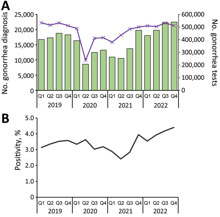 Total number of gonorrhea diagnoses and tests and percent test positivity in study of rebound of gonorrhea after lifting of COVID-19 preventive measures in England, January 1, 2019–December 31, 2022. A) Total number of diagnoses and tests. Bars indicate the total number of gonorrhea diagnoses; purple line indicates the total number of gonorrhea tests. B) Percent positivity of gonorrhea tests. Q, quarter. Scales for the y-axes differ substantially to underscore patterns but do not permit direct comparisons.