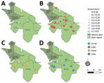 Sampling area for study of seroprevalence of Crimean-Congo hemorrhagic fever virus in human and livestock populations, northern Tanzania. Circles indicates seroprevalence rates for humans (A), cattle (B), sheep (C), and goats (D). The pictured region is near the border of Uganda, where human Crimean-Congo hemorrhagic fever cases have been documented (4).