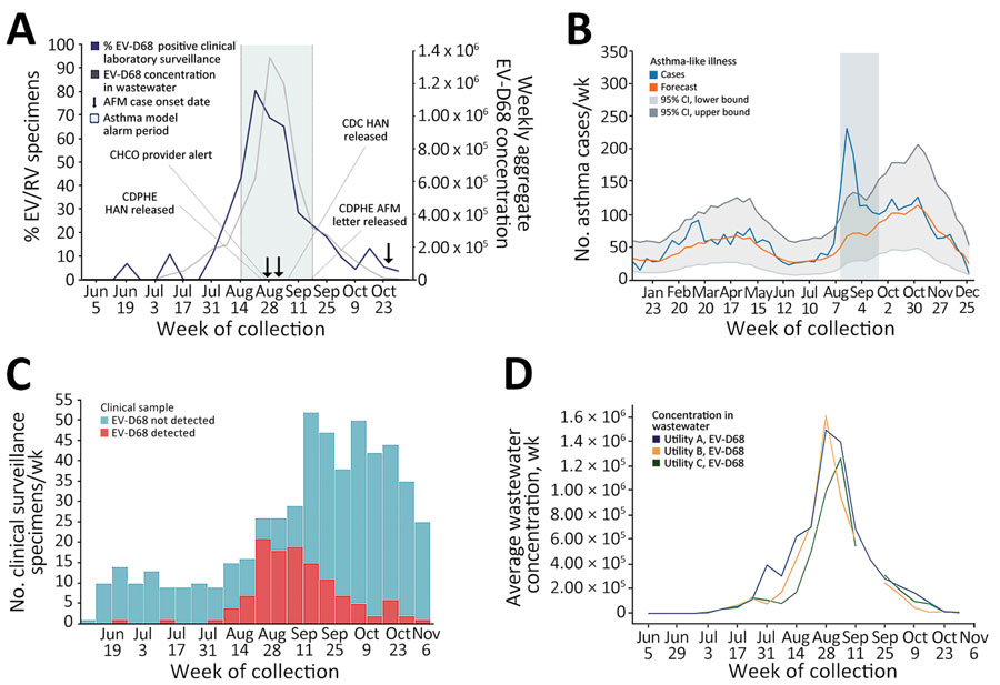 Multimodal surveillance during EV-D68 outbreak in Colorado, USA, 2022. A) Multimodal EV-D68 syndromic, clinical laboratory, and wastewater surveillance. To simplify the presentation of the temporal relationship between clinical positivity rates and the signal in wastewater, the viral concentrations of EV-D68 for the 3 utilities in this study are aggregated. B) Syndromic surveillance for asthma-like respiratory disease. C) Clinical laboratory surveillance for EV-D68 respiratory disease at CHCO. D) Wastewater surveillance for EV-D68 by wastewater utility service area. To generate the line presented in the graph, the concentration values for the 3 utilities were added together and averaged (mean) by sample collection date. The sample collection dates and cadence were uniform over time across all 3 utilities. The data are an estimation of the overall viral signal from the adjacent sewershed areas within the Denver metropolitan region (panel D; Appendix Figure 1). AFM, acute flaccid myelitis; CDC, Centers for Disease Control and Prevention; CHCO, Children’s Hospital Colorado; CHPHE, Colorado Department of Public Health and Environment; EV, enterovirus; HAN, Health Alert Network; RV, rhinovirus.