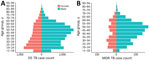 Population pyramids of age and sex distributions of participants registered for TB treatment in Ho Chi Minh City, Vietnam, January 1, 2020–April 30, 2023. A) DS TB; B) MDR TB. DS, drug-susceptible; MDR, multidrug-resistant; TB, tuberculosis.