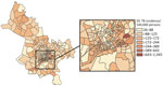 Choropleth map displaying geographic variation in average annual incidence (cases/100,000 persons) for DS TB, subdivided by ward, Ho Chi Minh City, Vietnam, January 1, 2020–April 30, 2023. Map does not include Cần Giờ district. Inset map shows location of study area in Vietnam. DS TB, drug-susceptible tuberculosis.