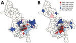 Spatial clusters and outliers of drug-susceptible (A) and multidrug-resistant (B) tuberculosis incidence, Ho Chi Minh City, Vietnam, January 1, 2020–April 30, 2023, based on the Anselin Local Moran I statistic. 