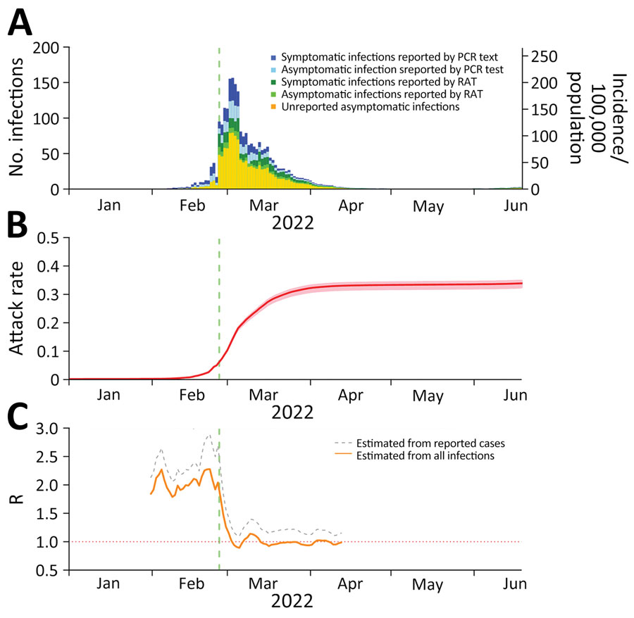 Reported SARS-COV-2 incidence versus estimates based on open reading frame 8 antigen testing, Hong Kong, China, January 1–June 20, 2022. A) Daily numbers and incidence of all reported infections and estimated asymptomatic infections by test type and presence or absence of symptoms. B) Estimated infection attack rate; shading indicates 95% credible intervals (CrIs). C) Estimated time-varying R for reported cases compared with estimated cases. Green vertical dashed lines indicate date (February 26, 2022) when compulsory reporting of positive RAT results was implemented in Hong Kong. Because of the large number of cases, 95% CrIs for R were extremely narrow, and thus we omitted CrIs in panel C. R, reproduction number; RAT, rapid antigen test.