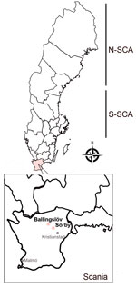 Rodent sampling sites for study of nephropathia epidemica caused by PUUV in Myodes glareolus bank voles in Scania, Sweden. New PUUV strains have been found in fields belonging to a patient with nephropathia epidemica in Scania. PUUV in Sweden belongs to the N-SCA lineage of PUUV, carried by bank voles of the Ural phylogroup, and S-SCA lineage of PUUV, carried by bank voles of the Carpathian phylogroup. Scania PUUV belongs to the Finland lineage of PUUV, carried by bank voles of the Carpathian phylogroup. N-SCA, North-Scandinavian; S-SCA, South-Scandinavian. 