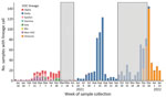 Variant counts of sequencing-confirmed lineages by week of sample collection in study of SARS-CoV-2 disease severity in children during pre-Delta, Delta, and Omicron periods, Colorado, USA, January 2021–January 2022. Gray boxes indicate time periods of potentially mixed lineage that were excluded from time period analyses.