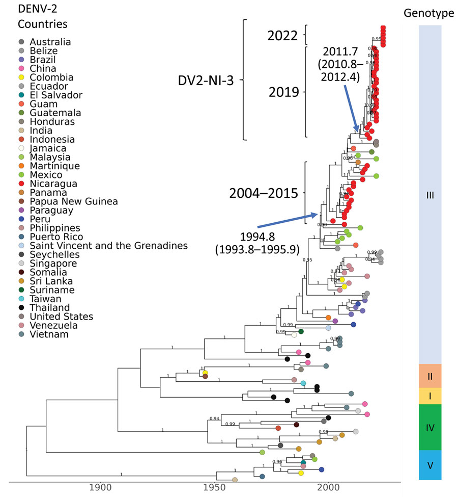 Dengue virus (DENV) serotype 1 maximum clade credibility tree, generated from 130 DENV-1 nucleotide sequences, showing emergence over time. Sequences are labeled by country of sample origin, indicated by colored circles, and include Nicaragua sequences (red) and publicly available sequences. DENV-1 genotypes are identified in the vertical bar to the right. Two Nicaragua clades, DV1-NI-1 and DV1-NI-2, are indicated with square brackets. The time to most recent common ancestor (95% high probability density range) is indicated at the nodes leading to Nicaragua clades. Posterior node probabilities are indicated at major nodes.