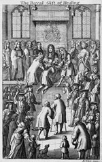 An engraving by Robert White of Charles II touching a patient to cure them of tuberculosis, or the King’s Evil (scrofula), surrounded by courtiers, clergy, and the public. Image from the Wellcome Collection, https://wellcomecollection.org/works/z9hwpcka. Public domain image. 