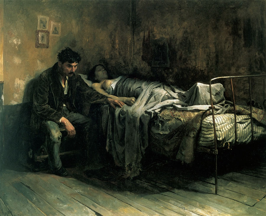 The Misery, an oil painting by Cristobal Rojas that depicts tuberculosis as a disease of poverty. 1886. Public domain digital image.