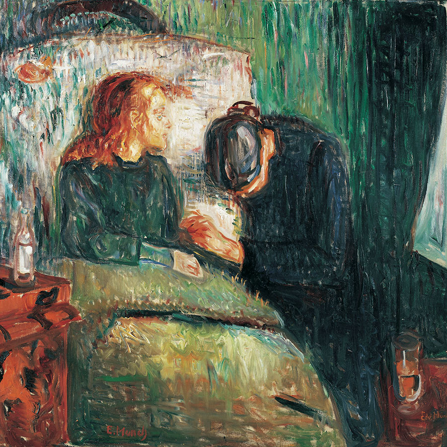 A painting by Edvard Munch, “The Sick Child,” depicts the moments before the death of his sister Sophie from tuberculosis. Munch portrayed his sister Sophie in a chair, in pain, and accompanied by a grieving woman. Image from The Munch Museum/The Munch-Ellingsen Group/Artist Rights Society, NY. Image copyright, Tate, London, 2011. Previously published by Emerging Infectious Diseases (https://wwwnc.cdc.gov/eid/article/17/3/ac-1703_article).