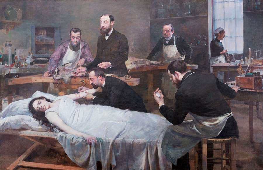 An 1892 painting by Jules Adler, “Transfusion of a Goat’s Blood.” Commissioned by Dr. Samuel Bernheim, a tuberculosis specialist, the painting shows him overseeing a transfusion of goat blood to a patient and demonstrates the engagement of art with medical progress. Copyright © Pittsburgh Post-Gazette, 2010, all rights reserved. Photograph by Alyssa Cwanger, 2006. Previously published by Emerging Infectious Diseases (https://wwwnc.cdc.gov/eid/article/18/8/ac-1808_article).