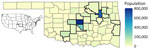 Geography of Oklahoma, USA, and population by county (range 2,137–797,434 residents). Counties with thick boundary lines are metropolitan. The 2 most populous are Oklahoma County (population 797,434) and Tulsa County (population 651,552). Inset map shows location of Oklahoma in the mainland United States.