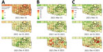 Spatial plots of county-level cumulative vaccination rates and cumulative death and hospitalization rates per 100,000 residents at selected time points in analysis of COVID-19 vaccination coverage and outcomes, Oklahoma, USA, February 2020–December 2021. A) Vaccination rates; B) death rates; C) hospitalization rates. Counties with thick boundary lines are metropolitan.