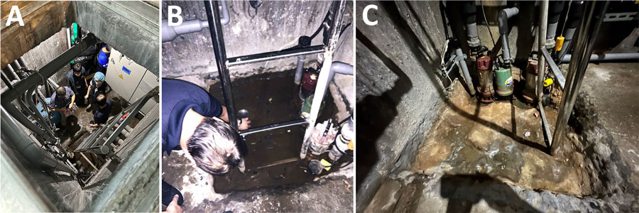 Basement mechanical area in an investigation of a fatal case of Naegleria fowleri primary amebic meningoencephalitis from indoor surfing center, Taiwan, 2023. A) The opening to the basement with ladder visible to right of opening; B) stagnant water beneath the basement ladder; C) depression under basement ladder after water was drained.