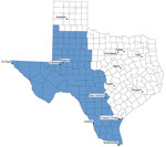 Estimated endemic region of Coccidioides spp. fungi in study of coccidioidomycosis-related hospital visits, Texas, USA, 2016–2021. Valley fever region, an estimated 96-county area of Texas determined by using Centers for Disease Control and Prevention Valley fever maps (5) spatially overlaid on a Texas county map. Any county that fell within the estimated area was designated as a Valley fever region (blue shading). 