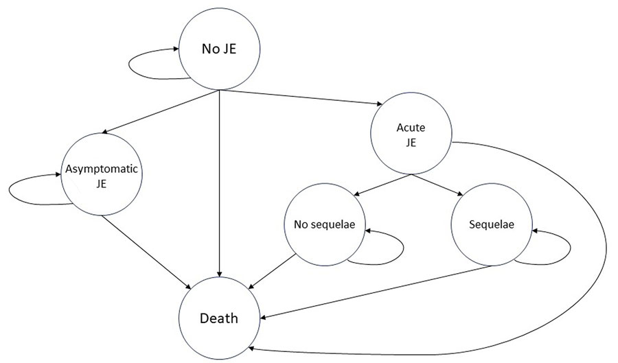 Markov model simulating costs and outcomes in cost-effectiveness analysis of JE vaccination for children <15 years of age, Bangladesh. All persons enter the model with no JE. Acute JE implies symptomatic JE and is a tunnel state, meaning any person in that state stays there for exactly 1 cycle. Those who had acute JE do have a higher mortality rate but must accrue the costs and disability-adjusted life years (DALYs) of the acute event before transitioning to death. Asymptomatic JE is not associated with higher mortality, costs, or DALYs; rather it eliminates any transition to acute JE. Costs and DALYs for acute and postacute JE are distributed by sequelae presence and severity. Vaccination changes the probability of transitioning from no JE to acute or asymptomatic JE. No other probabilities are changed by presence or absence of vaccination. Each state is associated with an annual cost and disability weight where applicable. This figure was remade from the Markov model in the study conducted in Philippines by the same research group from PATH (31). JE, Japanese encephalitis virus.