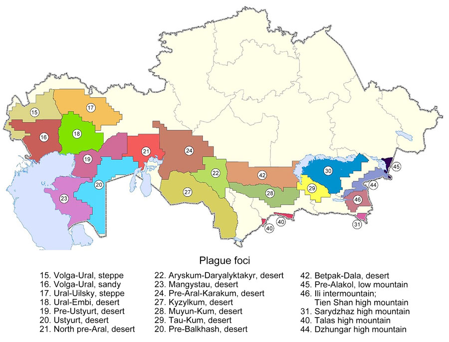 Locations of natural plague foci in a historical assessment and mapping of human plague, Kazakhstan, 1926–2003. Codes according to the unified country certification system, Commonwealth of Independent States. Codes indicate location names and terrain type.