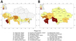 Human plague outbreaks in a historical assessment and mapping of human plague, Kazakhstan, 1926–2003. A) Number of plague outbreaks per natural plague foci; B) number of outbreaks by region.