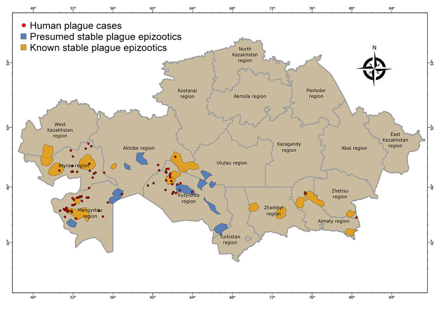 Epizootologic zoning of plague in a historical assessment and mapping of human plague, Kazakhstan, 1926–2003. Human plague cases and known and presumed plague epizootic areas are noted.