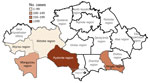 Locations of human plague cases by region in a historical assessment and mapping of human plague, Kazakhstan, 1926–2003.