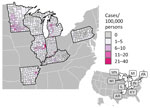 County-level histoplasmosis incidence (cases/100,000 persons) in 8 US states for which data were available, 2011–2014 and 2019–2020. Inset map indicates the 8 states.