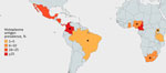 Country-level Histoplasma antigenuria prevalence in systematic review of prevalence of Histoplasma antigenuria in persons with HIV in Latin America and Africa. Asterisks denote countries with studies that were done in advanced HIV populations, whereas solid colors denote countries with studies of participants with HIV screened for histoplasmosis irrespective of CD4 count. 