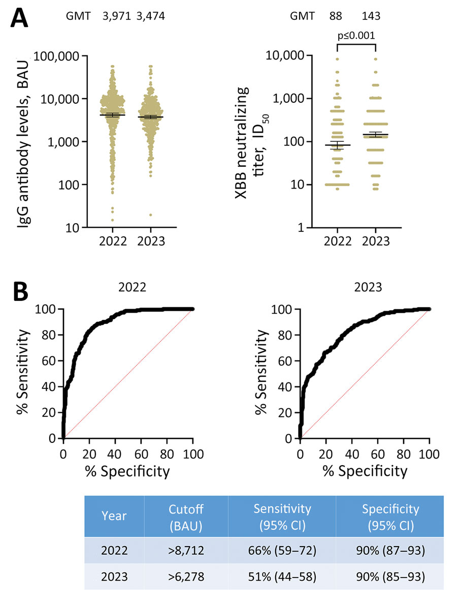 Binding IgG and neutralizing titer levels from samples collected in 2022 and 2023 from patient participants at the Sheba Medical Center, Israel, and the prediction of SARS-CoV-2 Omicron XBB neutralization by RBD-WT IgG levels from those samples. A) Scatter plot analyses of 1,071 WT IgG and XBB-specific neutralizing titers in samples obtained from healthcare workers during 2022 and 2023. Horizontal lines indicate GMTs; error bars indicate 95% CIs. GMT of each timepoint is indicated. B) ROC curves showing the diagnostic value of WT IgG levels for high (titer >250) XBB-specific neutralization levels. Sensitivity and specificity determinants for specific cut off levels are shown. BAU, binding antibody unit; GMT, geometric mean titer; ID50, 50% inhibitory dilution; RBD, receptor-binding domain; ROC, receiver operating characteristic; WT, SARS-CoV-2 ancestral (wild-type) strain.