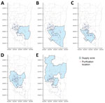 Spatial distribution of residential addresses of Mycobacterium kansasii isolates from patients, water purification plants, and corresponding supply zones in phylogeographic analysis of M. kansasii isolates from patients with M. kansasii lung disease in industrialized city, Taiwan. Spatial distribution is shown for purification plants in Weng Park (A), Kaotan (B), Fongshan (C), Chengcing (D), and Pingding (E). Cases are indicated by blue dots, plants by red dots, and supply zones by light blue regions. Gray line represent the district boundaries.