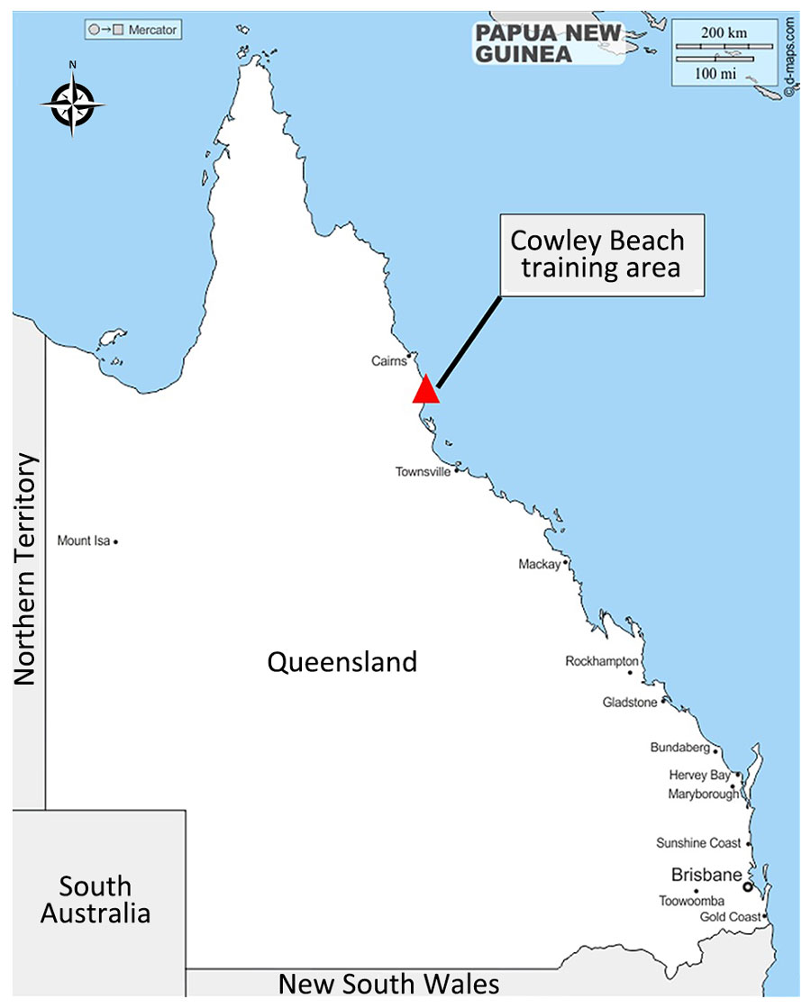 Location of Cowley Beach Training area within the state of Queensland, Australia.