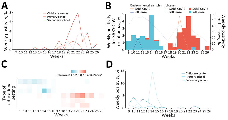 Circulation of SARS-CoV-2 and influenza during the spring/summer school term, February–June 2023, in study of infection rates, symptomatic proportion, and age-dependent risk profiles of SARS-CoV-2 and influenza in pediatric population, China, 2023. The term secondary schools refers to both junior secondary schools and high school. A) Weekly SARS-CoV-2 positivity by type of educational setting. B) Weekly SARS-CoV-2 and influenza positivity among study participants (bars) and from environmental sources (solid lines) and cases of ILI (dotted lines). Scales for the y-axes differ substantially to underscore patterns but do not permit direct comparisons. C) Relative intensity of SARS-CoV-2 and influenza by setting (bottom to top, childcare centers, primary schools, and secondary schools). D) Weekly influenza positivity by type of educational setting. ILI, influenza-like illness.