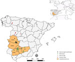 Spatial distribution of samples and human cases notified from epidemiologic survey of Crimean-Congo hemorrhagic fever virus in suids, Spain.