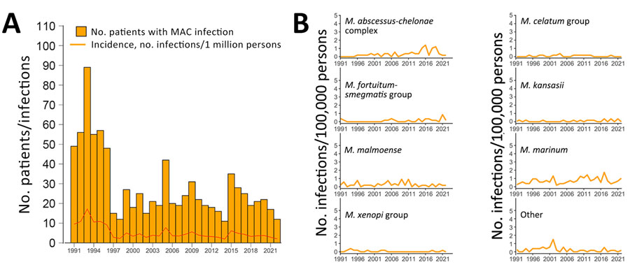 Annual absolute number of patients with a first culture positive for MAC, corresponding incidence rates, and annual incidence rates for the most frequent nontuberculous mycobacteria species for extrapulmonary and disseminated nontuberculous mycobacteria, Denmark, 1991–2022. Patients with samples from both pulmonary and extrapulmonary locations were categorized as having disseminated disease. A) Numbers of first MAC cases by year and annual incidence (infections/1 million persons). B) Annual incidence rates (infections/1 million persons) of the most frequent nontuberculous mycobacteria species. Species were grouped by using phylogenetic classifications described by Tortoli et al. (7). Other was defined as Mycobacteria spp. and species with <15 cases reported throughout the study period. MAC, Mycobacterium avium complex.