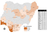 Geographic distribution of sites in Nigeria participating in a study of epidemiology and risk factors for laboratory-confirmed mpox during the mpox outbreak, Nigeria, 2022. A total of 265 study participants were enrolled from all geopolitical zones of the country, across 23 states and the Federal Capital Territory in Nigeria.