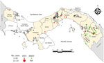 Locations of recorded cases in a study of characteristics of MADV and VEEV infections, Panama, 1961–2023. Green squares represent MADV cases and red circles VEEV cases. MADV cases were reported only in the eastern Panama region, in the province of Darien. MADV cases detected outside Darien, in Chiriquí, Comarca Näbe Bugle, and Herrera were reported in members of the border police working in the Darien Province, who at time of symptom onset were in their home region. MADV, Madariaga virus; NA, not applicable; VEEV, Venezuelan equine encephalitis virus.