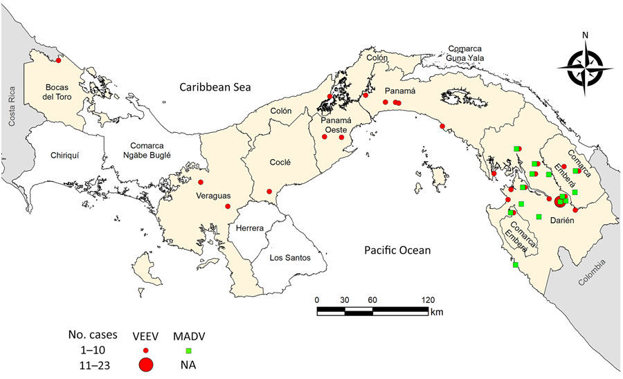 Locations of recorded cases in a study of characteristics of MADV and VEEV infections, Panama, 1961–2023. Green squares represent MADV cases and red circles VEEV cases. MADV cases were reported only in the eastern Panama region, in the province of Darien. MADV cases detected outside Darien, in Chiriquí, Comarca Näbe Bugle, and Herrera were reported in members of the border police working in the Darien Province, who at time of symptom onset were in their home region. MADV, Madariaga virus; NA, not applicable; VEEV, Venezuelan equine encephalitis virus.