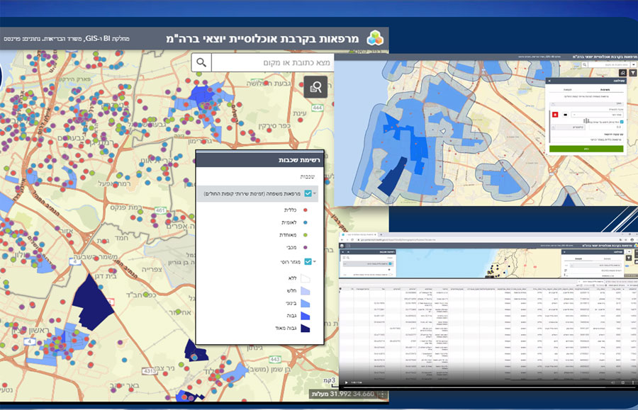 Geographic mapping in an economic analysis of a national program for hepatitis C elimination, Israel, 2023. Screenshot show Hebrew-language mapping by Points Location Intelligence company (https://points.co.il) in ArcGIS (www.arcgis.com). Upper right inset shows clinic locations (orange dots) at the beginning of the program. Blue shading indicates areas with higher populations of immigrants from the former Soviet Union, who are at higher risk for hepatitis C virus infection; intensity of shading increases as population numbers rise. Detail on left shows increased clinical sites added as part of the hepatitis C elimination program. Each colored dot (orange, blue, green, purple) represents a clinic and its affiliation to 1 of the 4 health maintenance organizations, shaded areas that represent the prevalence of population at risk in a given geographic area. Darker blue indicates higher concentrations of at-risk populations. Combining the 2 parameters (clinics distribution and density of population at risk density) enabled a systematic strategy for a targeted approach to identify and list clinics for higher yield in program accomplishment.