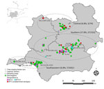 Spatial distribution and BTV serologic results of the Iberian lynxes (Lynx pardinus) sampled in the Iberian Peninsula during 2010–2022. The frequency of seropositivity and the numbers of seropositive and total of animals analyzed by ELISA at each sampling region and captivity center are shown in parentheses. Inset map shows location of study area on the Iberian Peninsula. **Animal tested positive for BTV RNA. BC, breeding center; BTV, bluetongue virus; CC, conservation center. 