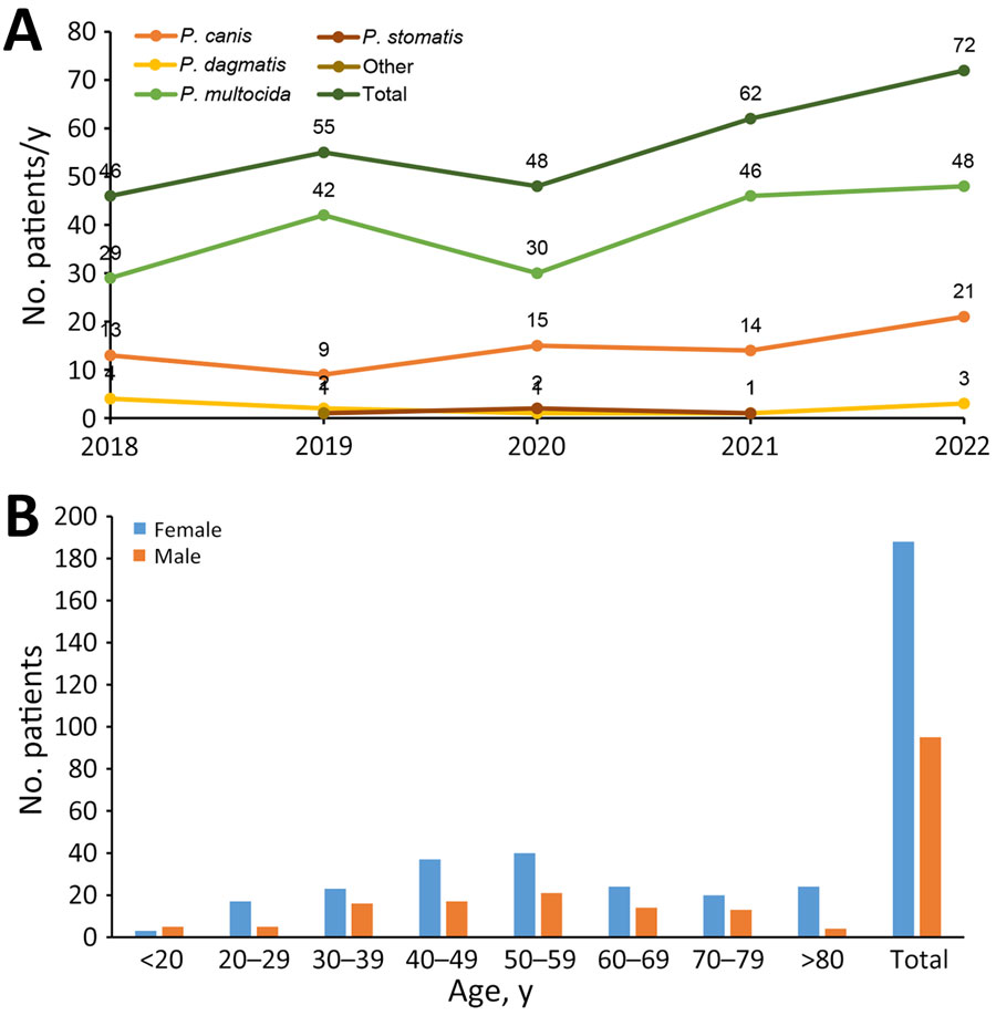 Prevalence of Pasteurella infections in South Korea, 2018–2022. A) Distribution of Pasteurella infections classified by year and species. B) Distribution of Pasteurella infections classified by age group and sex.