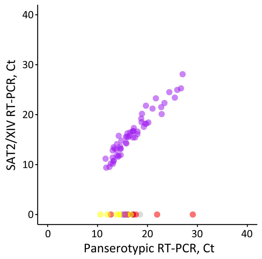 Performance of the SAT2/XIV-specific real-time RT-PCR for foot-and-mouth disease virus–positive samples representing different viral lineages and topotypes that are circulating or threaten countries in western Asia in study of eastern Africa origin of SAT2 topotype XIV foot-and-mouth disease virus outbreaks, western Asia, 2023. Plotted data shows real-time RT-PCR results for the SAT2/XIV specific test compared with results for the pan-serotype (3D) assay performed in parallel (5). Samples tested included clinical samples collected from confirmed SAT2/XIV cases (purple, n = 55) and characterized isolates from the O/ME-SA/PanAsia-2, O/ME-SA/Ind-2201 and O/EA-3 lineages (red, n = 8), the A/ASIA/Iran-05 lineage (blue, n = 1), the SAT1/I topotype (yellow, n = 7), the SAT2/VII topotype (purple, n = 8), and serotype Asia 1 (gray, n = 1). Ct, cycle threshold; RT-PCR, reverse transcription PCR.