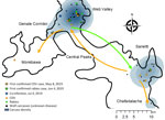 Number of carcasses retrieved per month in study of concurrent rabies and canine distemper outbreaks in Ethiopian wolves, Ethiopia, 2019. Estimated time of death determined from postmortem observations. A) Full wolf population in the Bale Mountains. B) Sanetti Plateau subpopulation. C) Web Valley subpopulation.