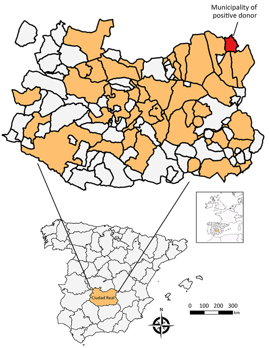 Locations sampled in serosurvey of blood donors to assess West Nile virus exposure in the general population, Spain, 2017–2018. Inset maps show location of study area in Spain and of Spain in Europe.